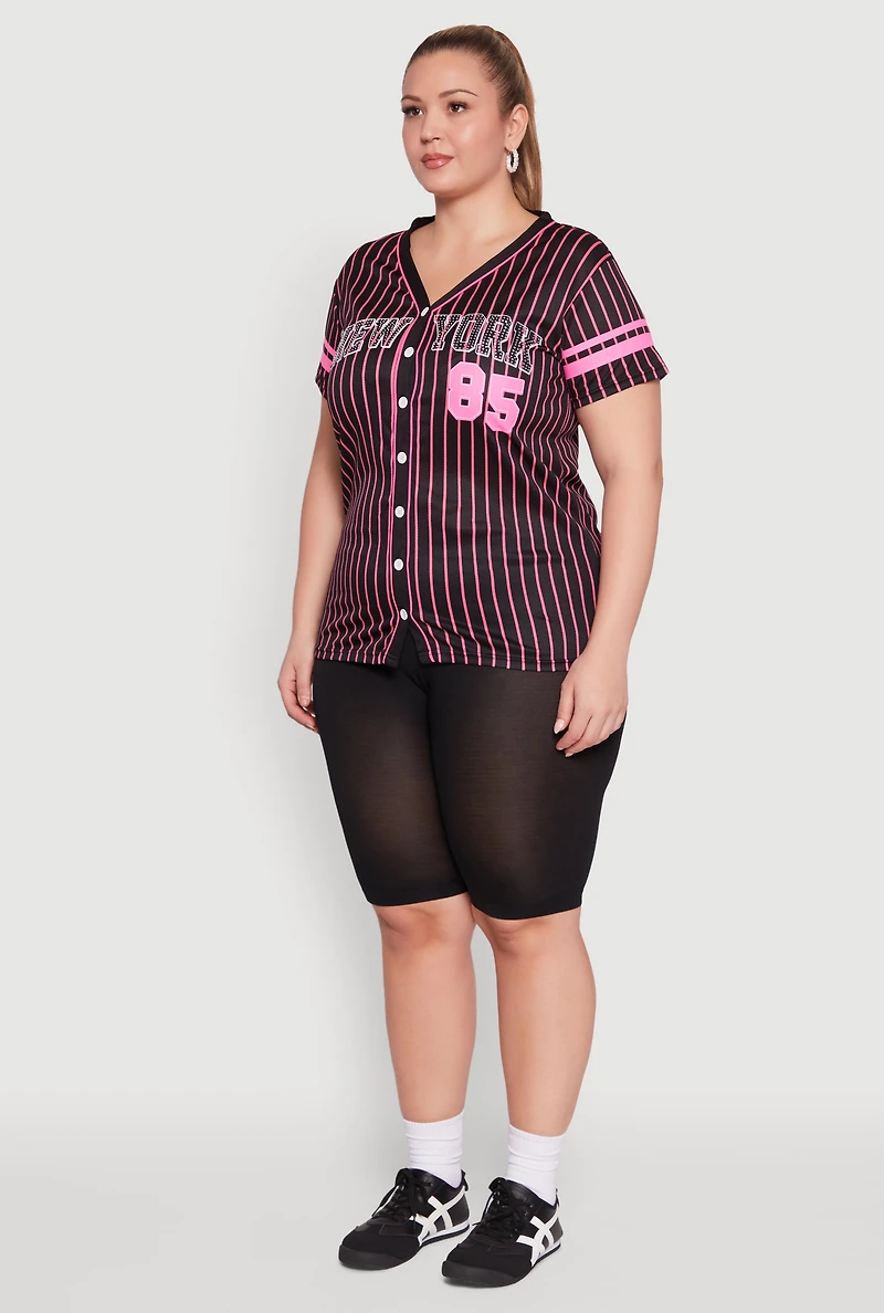 Womens Plus Size Striped New York Print Jersey Mesh Tee, Black, Size 3X