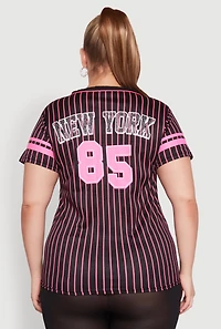 Womens Plus Striped New York Print Jersey Mesh Tee,