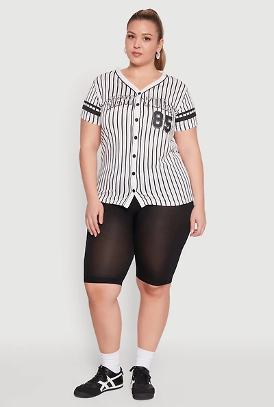 Womens Plus Striped New York Print Jersey Mesh Tee, 2X