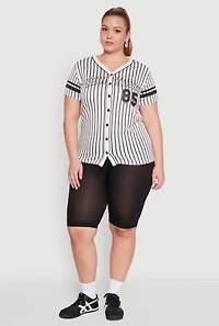 Womens Plus Size Striped New York Print Jersey Mesh Tee, Multi, Size 2X