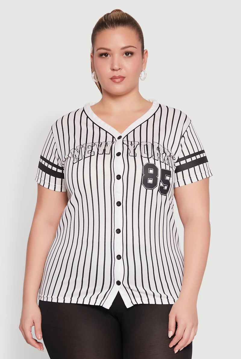 Plus Striped New York Print Jersey Mesh Tee