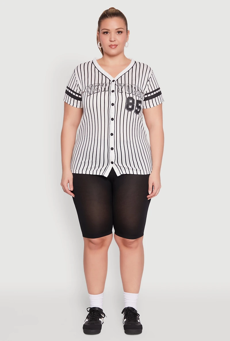 Womens Plus Striped New York Print Jersey Mesh Tee, 2X