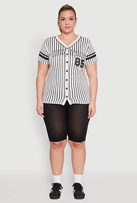 Womens Plus Size Striped New York Print Jersey Mesh Tee, Multi, Size 2X
