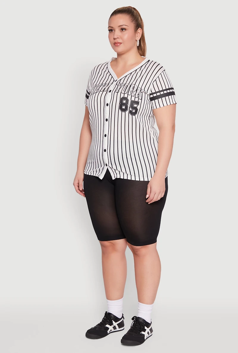 Womens Plus Size Striped New York Print Jersey Mesh Tee, Multi, Size 1X