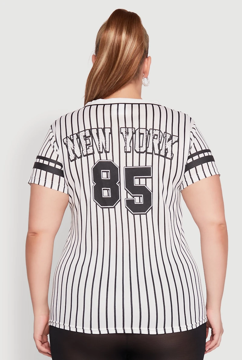 Womens Plus Size Striped New York Print Jersey Mesh Tee, Multi, Size 1X