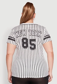 Womens Plus Size Striped New York Print Jersey Mesh Tee, Multi, Size 1X