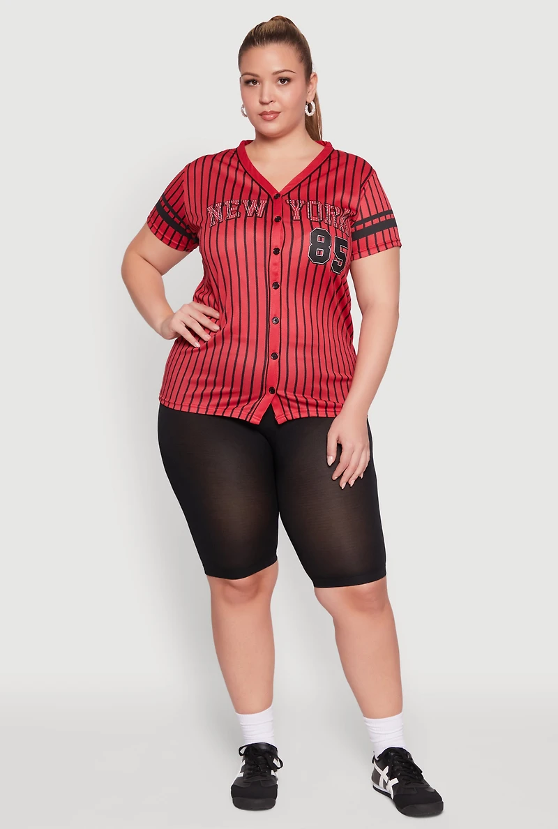 Womens Plus Size Striped New York Print Jersey Mesh Tee, Red, Size 2X
