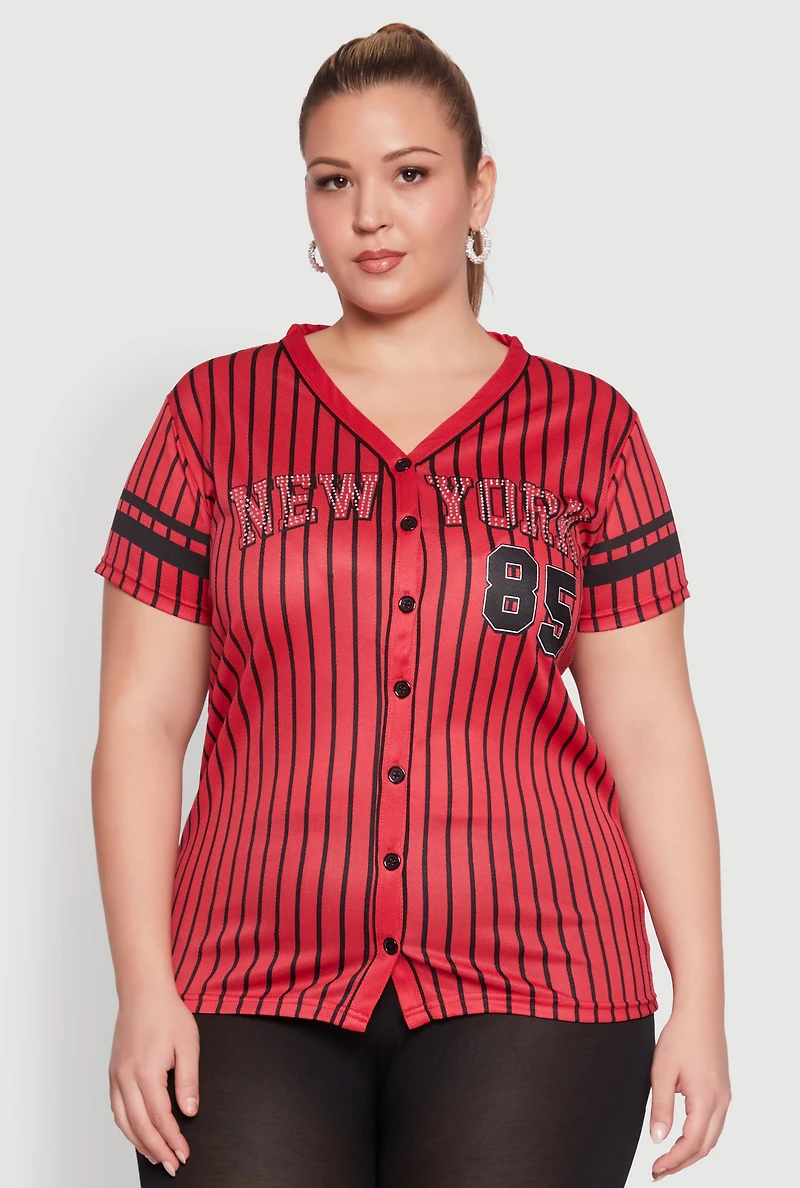 Womens Plus Size Striped New York Print Jersey Mesh Tee, Red, Size 2X