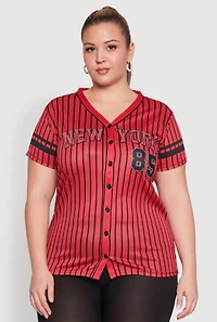 Womens Plus Size Striped New York Print Jersey Mesh Tee, Red, Size 2X