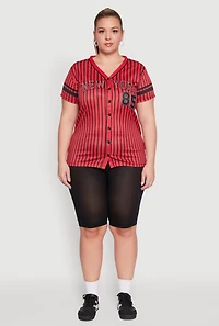 Womens Plus Size Striped New York Print Jersey Mesh Tee, Red, Size 3X