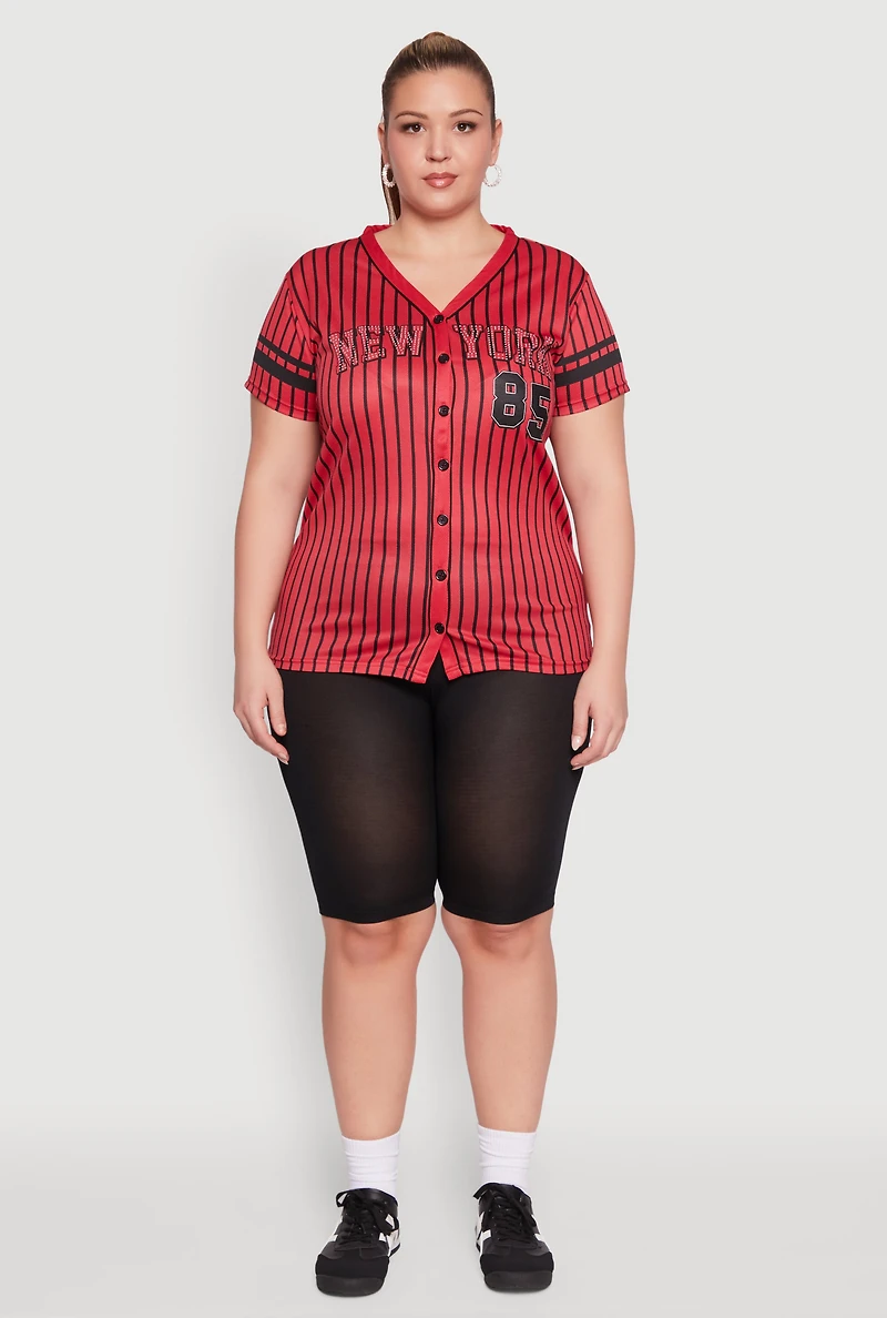 Womens Plus Striped New York Print Jersey Mesh Tee, Red,