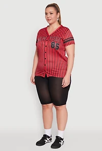 Womens Plus Size Striped New York Print Jersey Mesh Tee, Red, Size 3X