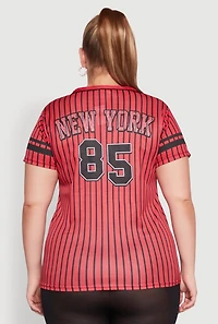 Womens Plus Size Striped New York Print Jersey Mesh Tee, Red, Size 3X
