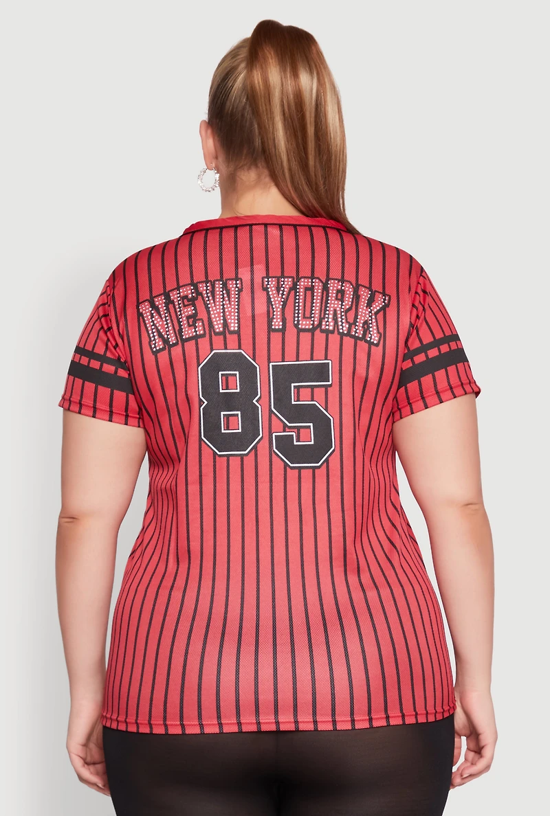 Womens Plus Striped New York Print Jersey Mesh Tee, Red,