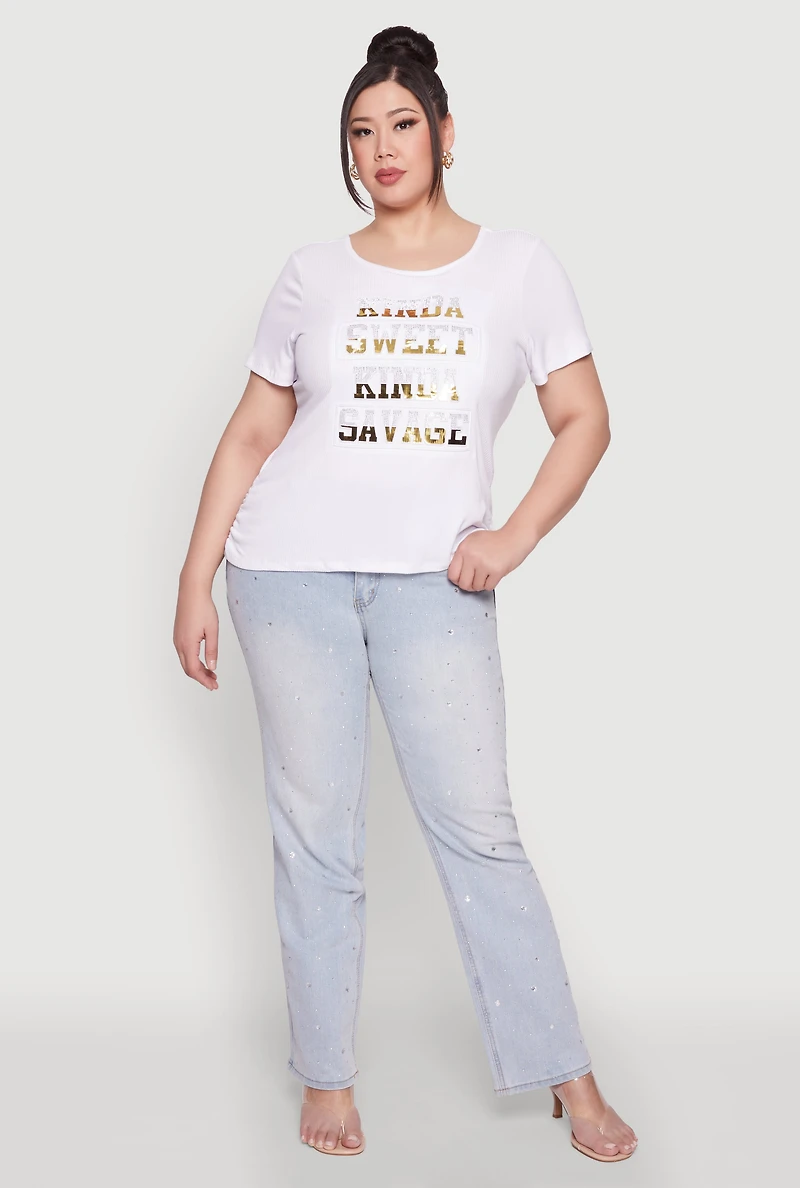Womens Plus Size Kinda Sweet 3D Foil Graphic Tee, White, Size 1X