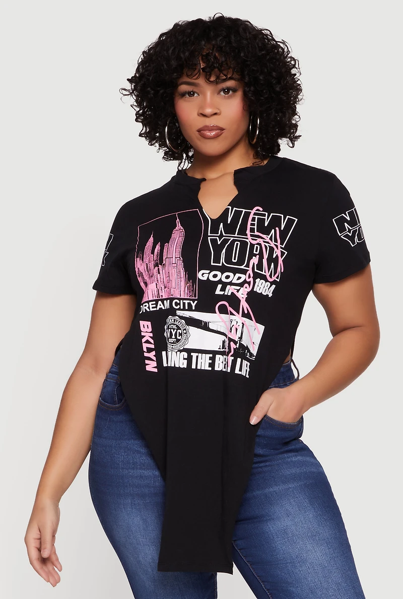 Plus New York Graphic Knot Front T-Shirt