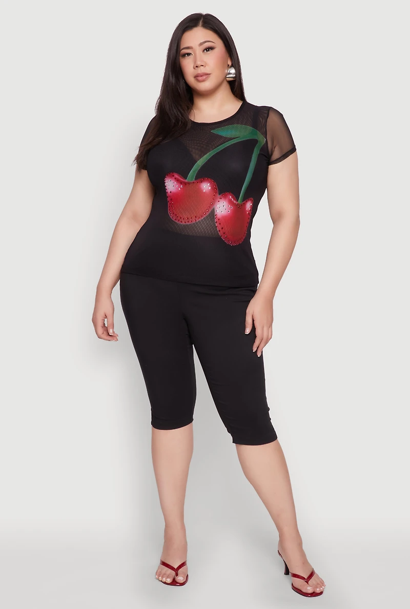 Womens Plus Size Rhinestone Cherry Print Mesh Top, Black, Size 1X