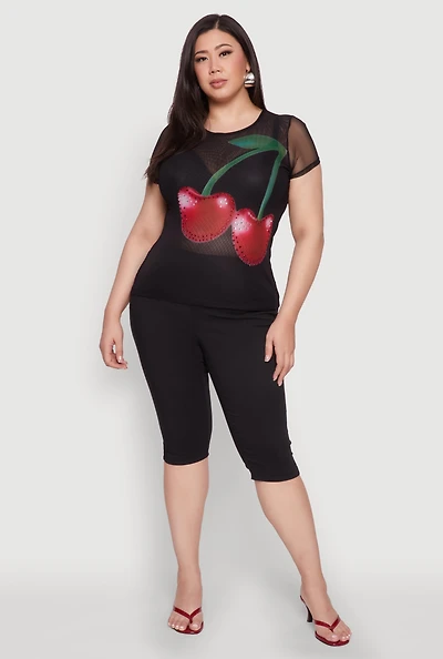 Womens Plus Size Rhinestone Cherry Print Mesh Top, Black, Size 1X