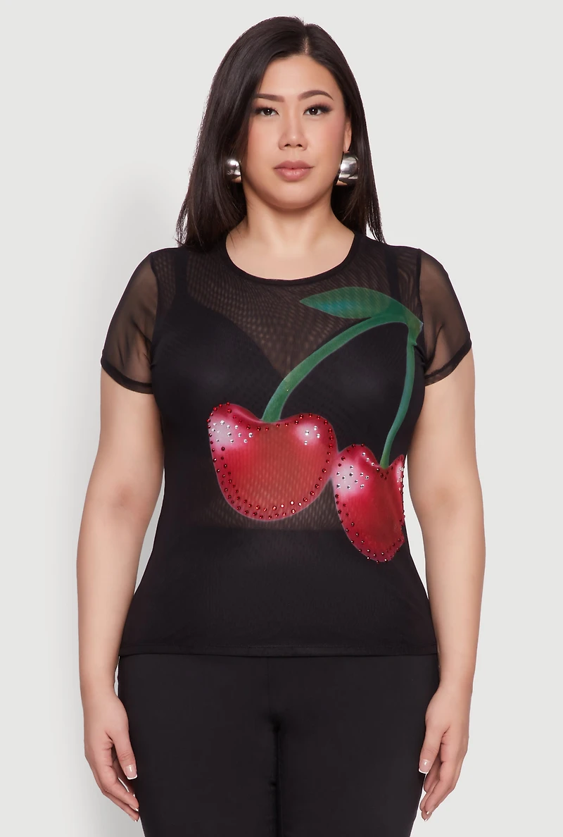 Womens Plus Size Rhinestone Cherry Print Mesh Top, Black, Size 1X