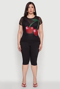 Womens Plus Size Rhinestone Cherry Print Mesh Top, Black, Size 1X