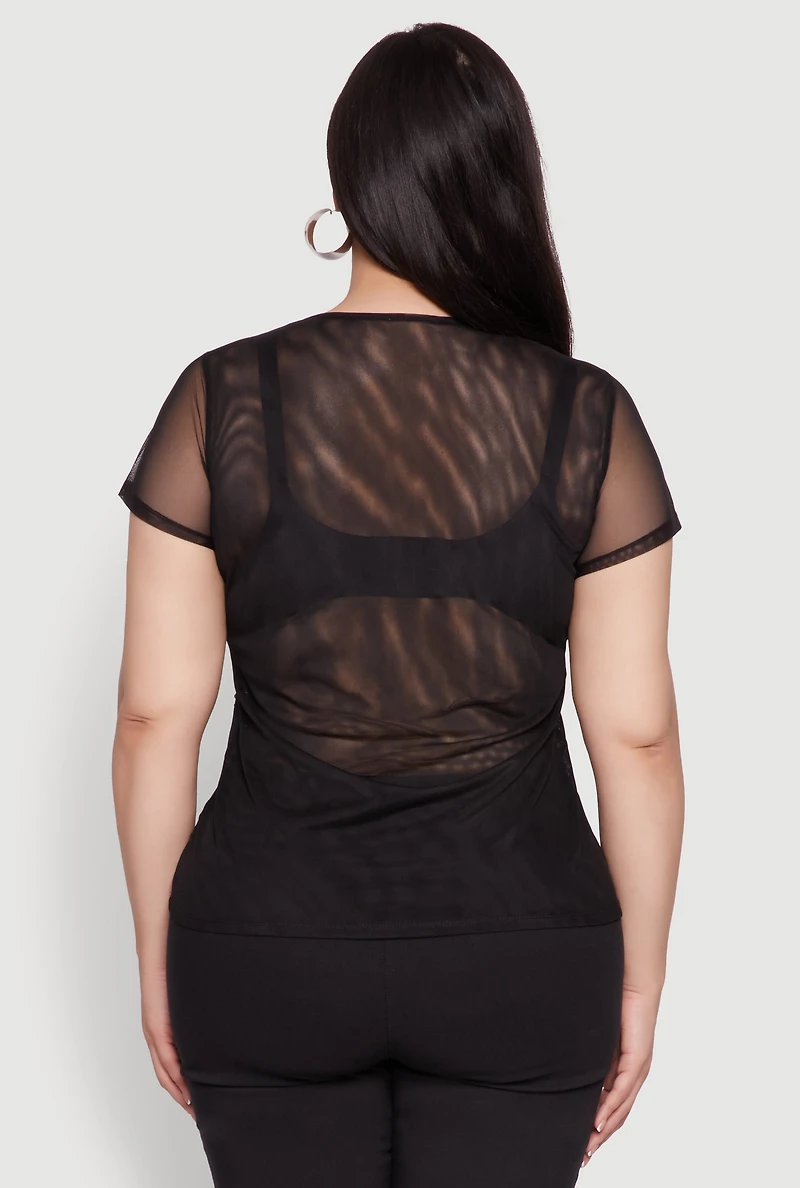 Womens Plus Size Rhinestone Cherry Print Mesh Top, Black, Size 1X