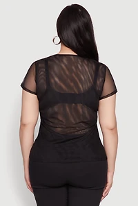 Womens Plus Size Rhinestone Cherry Print Mesh Top, Black, Size 1X