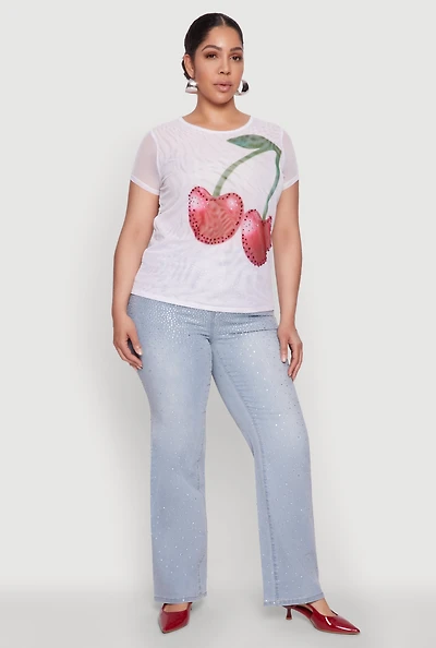 Womens Plus Size Rhinestone Cherry Print Mesh Top, White, Size 1X