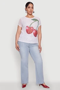 Womens Plus Size Rhinestone Cherry Print Mesh Top, White, Size 1X