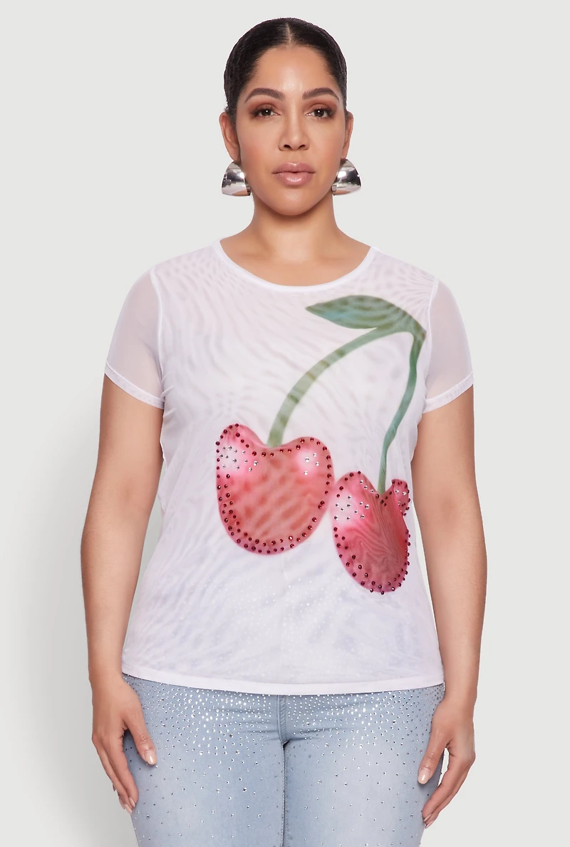 Womens Plus Size Rhinestone Cherry Print Mesh Top, White, Size 1X