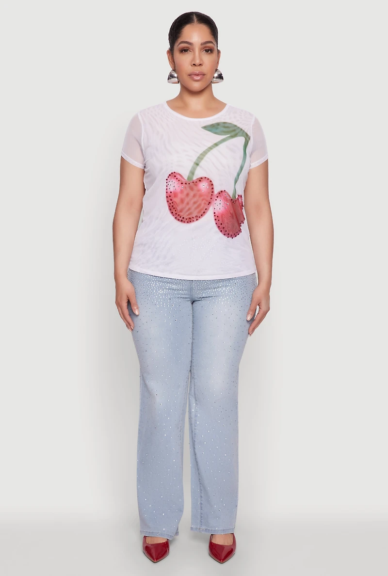 Womens Plus Size Rhinestone Cherry Print Mesh Top, White, Size 1X