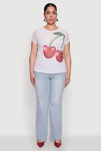 Womens Plus Size Rhinestone Cherry Print Mesh Top, White, Size 1X