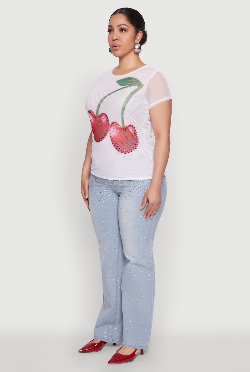 Plus Rhinestone Cherry Print Mesh Top