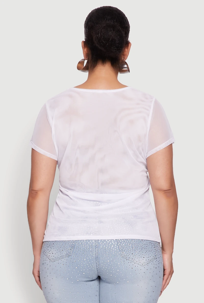 Plus Rhinestone Cherry Print Mesh Top