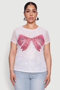 Womens Plus Size Rhinestone Bow Graphic Mesh Top, White, Size 2X