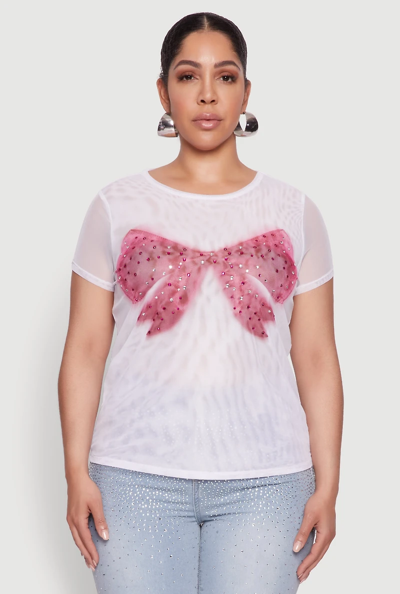 Womens Plus Size Rhinestone Bow Graphic Mesh Top, White, Size 1X