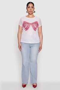 Womens Plus Size Rhinestone Bow Graphic Mesh Top, White, Size 2X