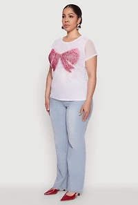 Womens Plus Size Rhinestone Bow Graphic Mesh Top, White, Size 2X