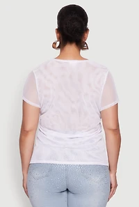 Womens Plus Size Rhinestone Bow Graphic Mesh Top, White, Size 2X