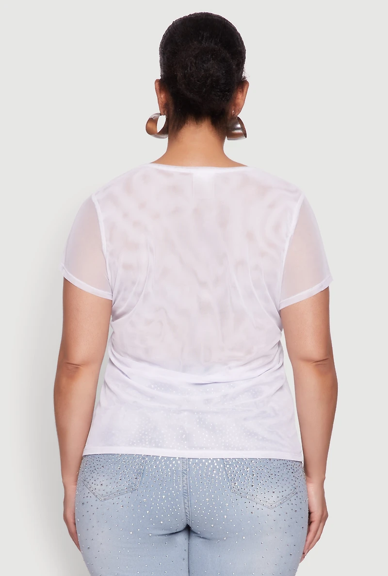 Womens Plus Size Rhinestone Bow Graphic Mesh Top, White, Size 1X