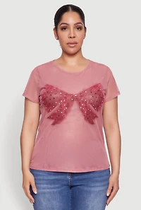 Womens Plus Size Rhinestone Bow Graphic Mesh Top, Pink, Size 2X