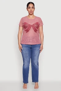 Womens Plus Size Rhinestone Bow Graphic Mesh Top, Pink, Size 2X