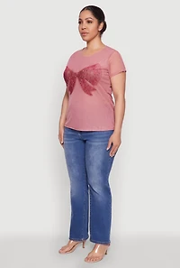 Womens Plus Size Rhinestone Bow Graphic Mesh Top, Pink, Size 2X