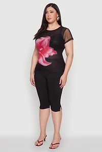 Plus Rhinestone Floral Print Mesh Top