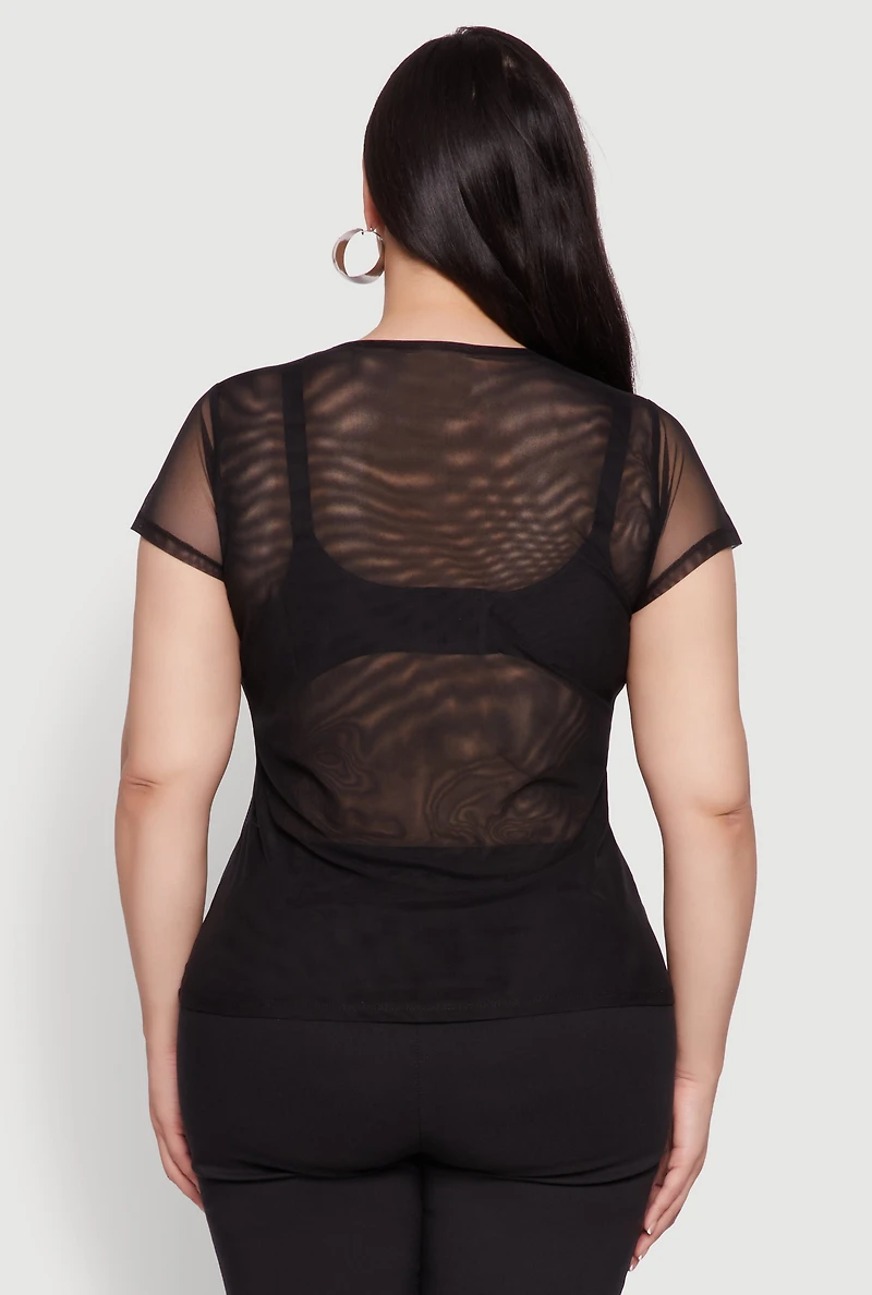 Plus Rhinestone Floral Print Mesh Top