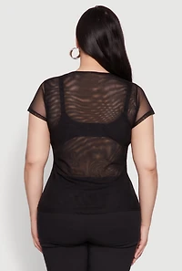 Plus Rhinestone Floral Print Mesh Top