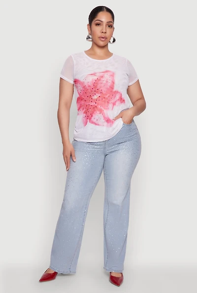 Womens Plus Size Rhinestone Floral Print Mesh Top, White, Size 3X