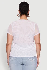 Womens Plus Size Rhinestone Floral Print Mesh Top, White, Size 3X