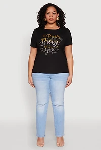 Womens Plus Size 3D Pretty Brown Girl Foil Graphic Tee, Black, Size 2X