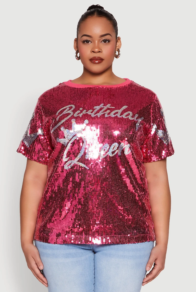 Womens Plus Size Birthday Queen Sequin Top, Pink, Size 2X