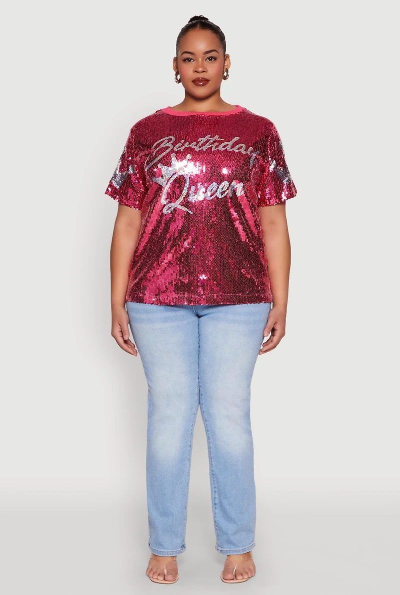 Womens Plus Size Birthday Queen Sequin Top, Pink, Size 2X